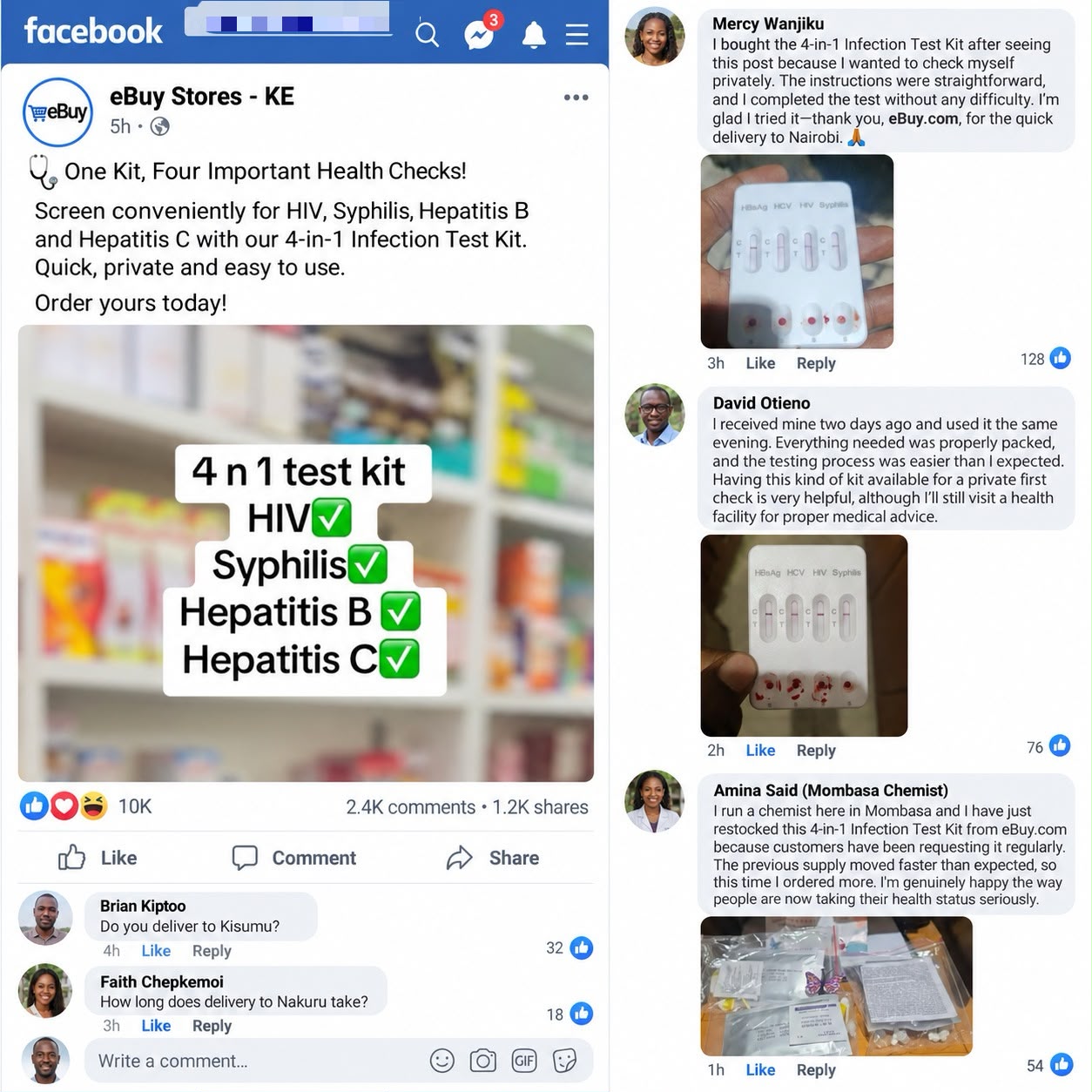 Facebook comments and reactions — 4-in-1 Rapid Test Kit viral post