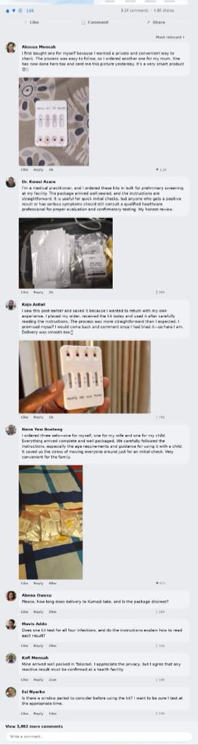 Facebook user comments on 4-in-1 Rapid Test Kit